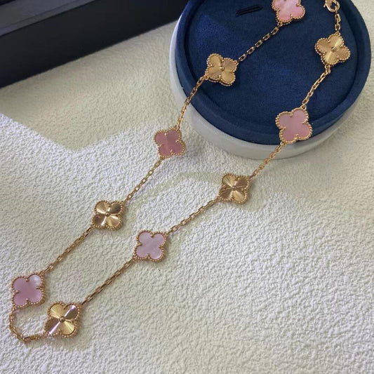 [baslovejewels]CLOVER 10 MOTIFS  LASER PINK MOP NECKLACE