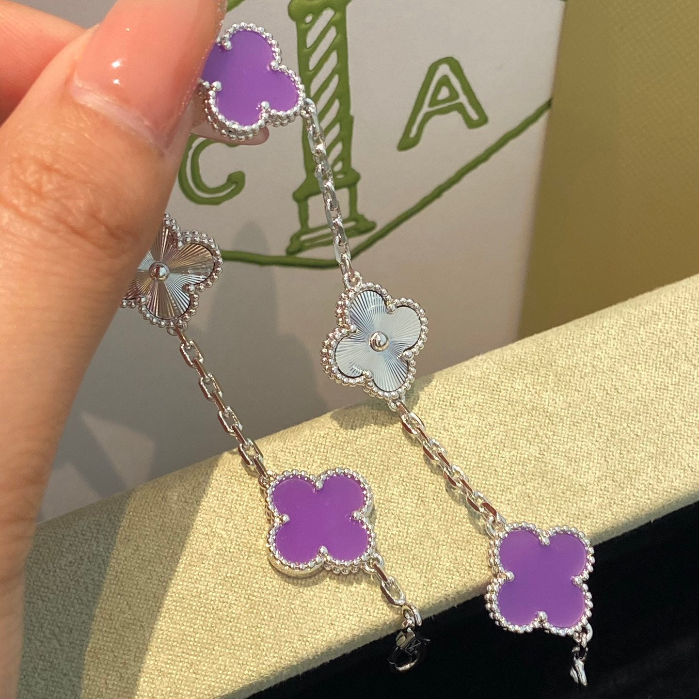 [baslovejewels]CLOVER  5 MOTIFS  PURPLE VIOLET BRACELET SILVER