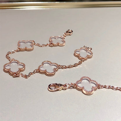 [baslovejewels]CLOVER 5 MOTIF ROCK CRYSTAL PINK GOLD BRACELET