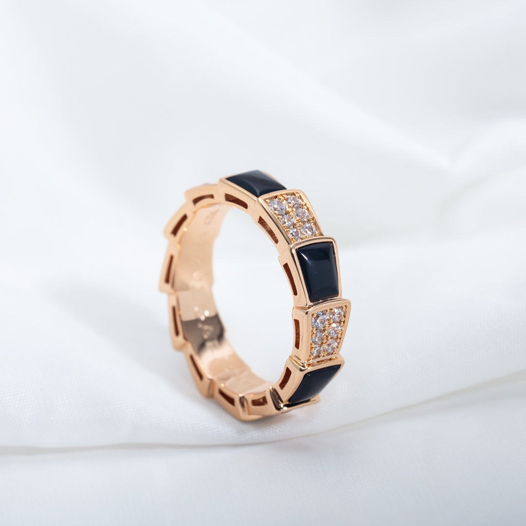 [baslovejewels]SERPENTI RING PINK GOLD BLACK MOP DIAMOND PAVED 4MM