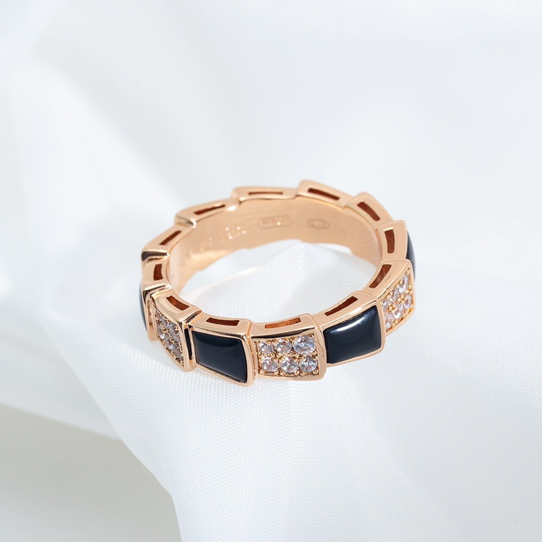 [baslovejewels]SERPENTI RING PINK GOLD BLACK MOP DIAMOND PAVED 4MM