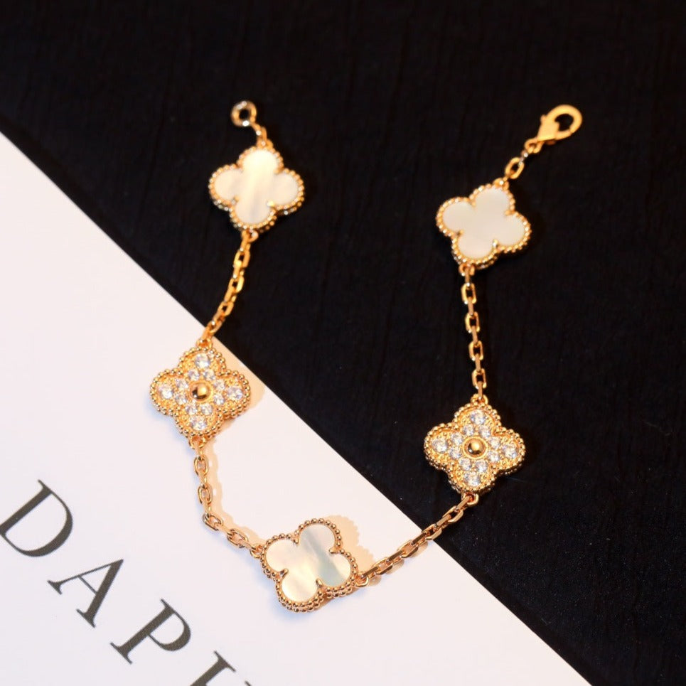 [baslovejewels]CLOVER BRACELET 5 MOTIF WHITE MOP DIAMOND