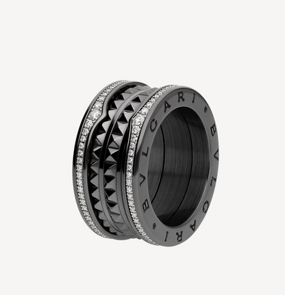 [baslovejewels]ZERO 1 ROCK FOUR-BAND BLACK CERAMIC WITH STUDDED SPIRAL AND PAVED DIAMONDS RING