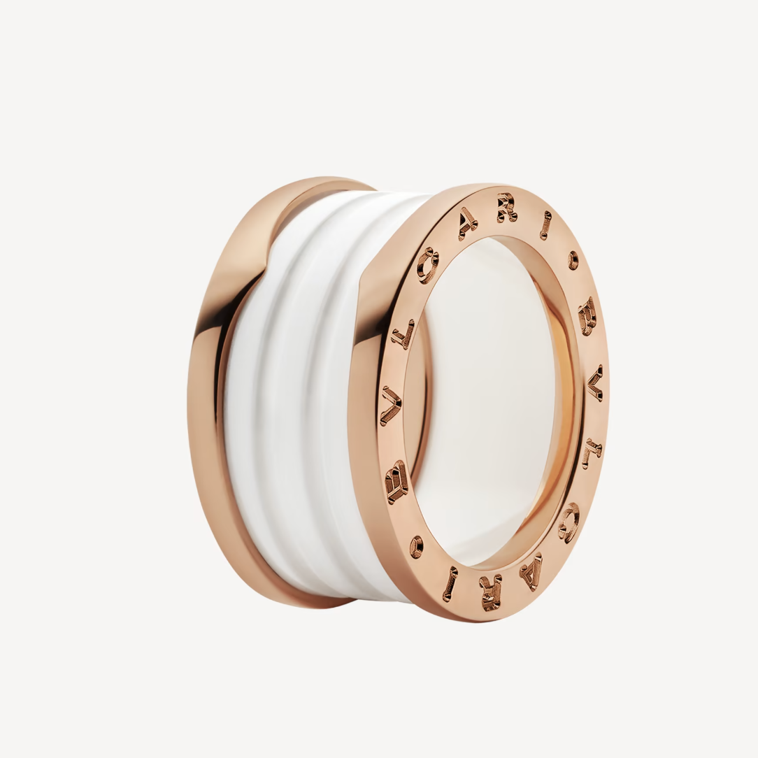 [baslovejewels]ZERO 1 FOUR-BAND LOOPS AND WHITE CERAMIC SPIRAL PINK GOLD RING