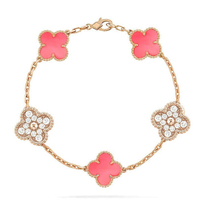 [baslovejewels]CLOVER 5 MOTIF DIAMOND PINK MOP PINK GOLD BRACELET