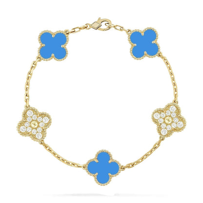 [baslovejewels]CLOVER 5 MOTIF BLUE CHALCEDONY DIAMOND GOLD BRACELET