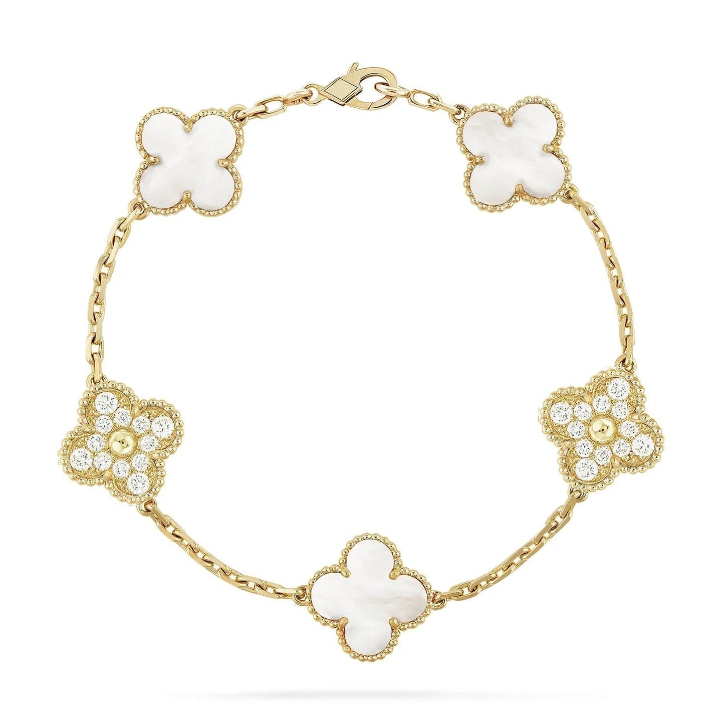 [baslovejewels]CLOVER BRACELET 5 MOTIF WHITE MOP DIAMOND