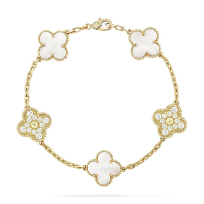 [baslovejewels]CLOVER BRACELET 5 MOTIF WHITE MOP DIAMOND