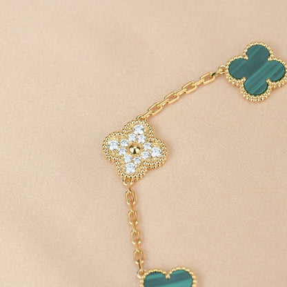 [baslovejewels]CLOVER  5 MOTIF MALACHITE DIAMOND BRACELET