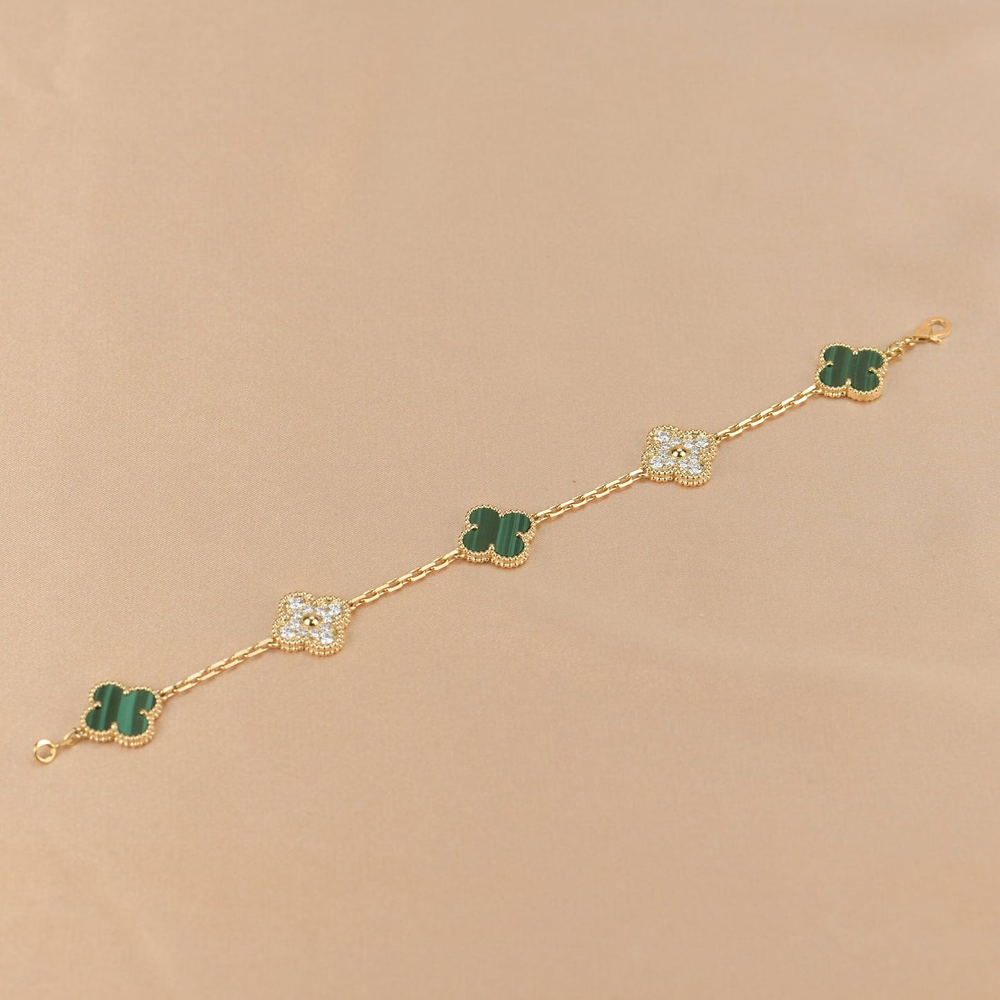 [baslovejewels]CLOVER  5 MOTIF MALACHITE DIAMOND BRACELET