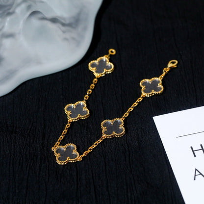 [baslovejewels]CLOVER 5 MOTIF ROCK CRYSTAL PINK GOLD BRACELET