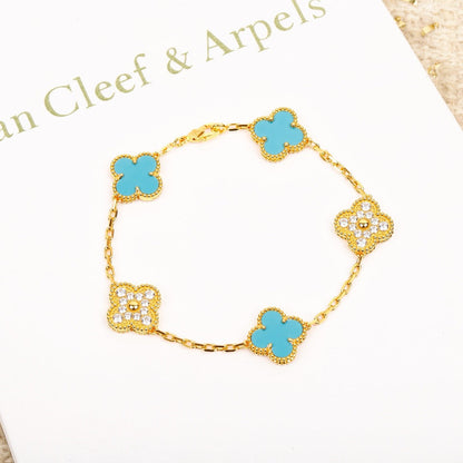 [baslovejewels]CLOVER 5 MOTIF TURQUOISE DIAMOND GOLD BRACELET