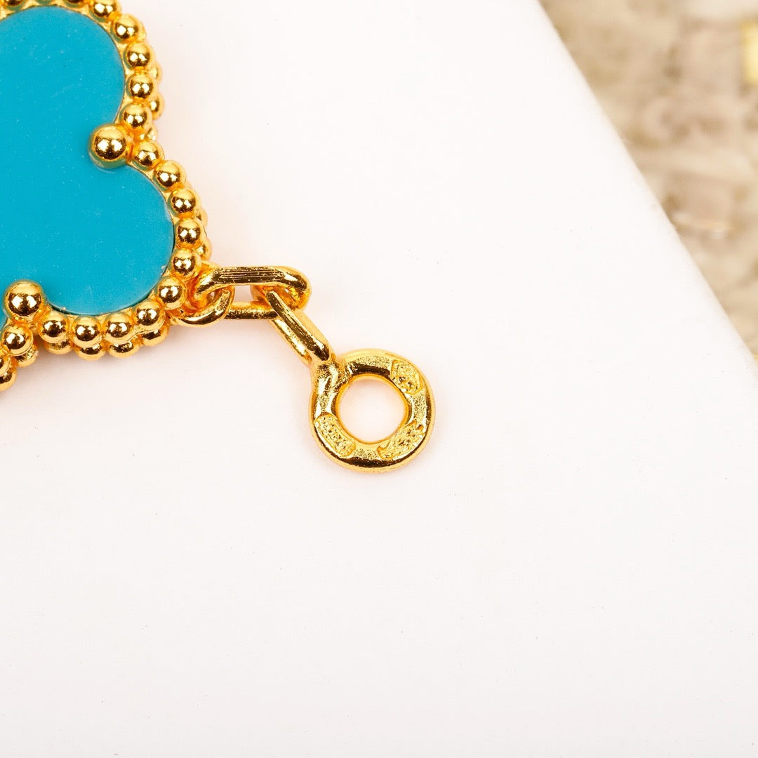 [baslovejewels]CLOVER 5 MOTIF TURQUOISE DIAMOND GOLD BRACELET