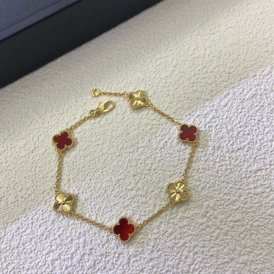 [baslovejewels]CLOVER 6 MOTIF RED AGATE LASER BRACELET