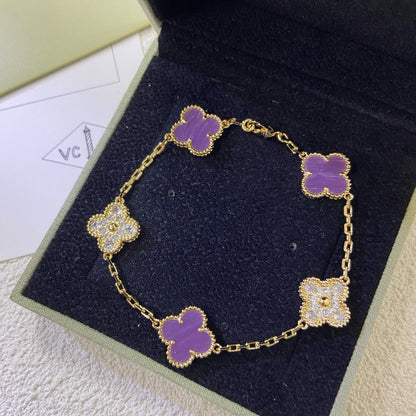 [baslovejewels]CLOVER  5 MOTIFS  PURPLE VIOLET DIAMOND BRACELET