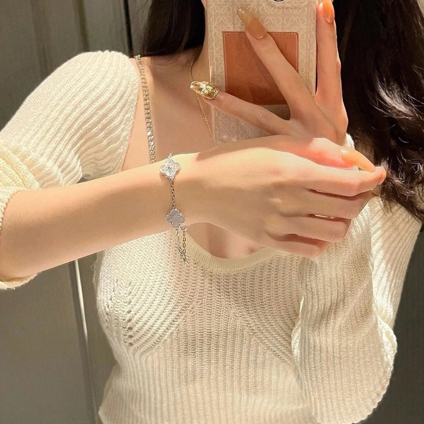 [baslovejewels]CLOVER  5 MOTIF DIAMOND PURPLE CHALCEDONY BRACELET SILVER