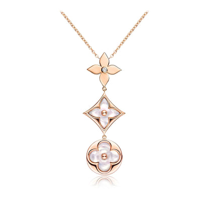 [baslovejewels]COLOR BLOSSOM LARIAT NECKLACE PINK GOLD WHITE MOTHER PEARL AND DIAMOND