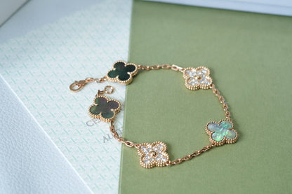 [baslovejewels]CLOVER 5 MOTIFS DARK MOP AND DIAMONDS PINK GOLD BRACELET