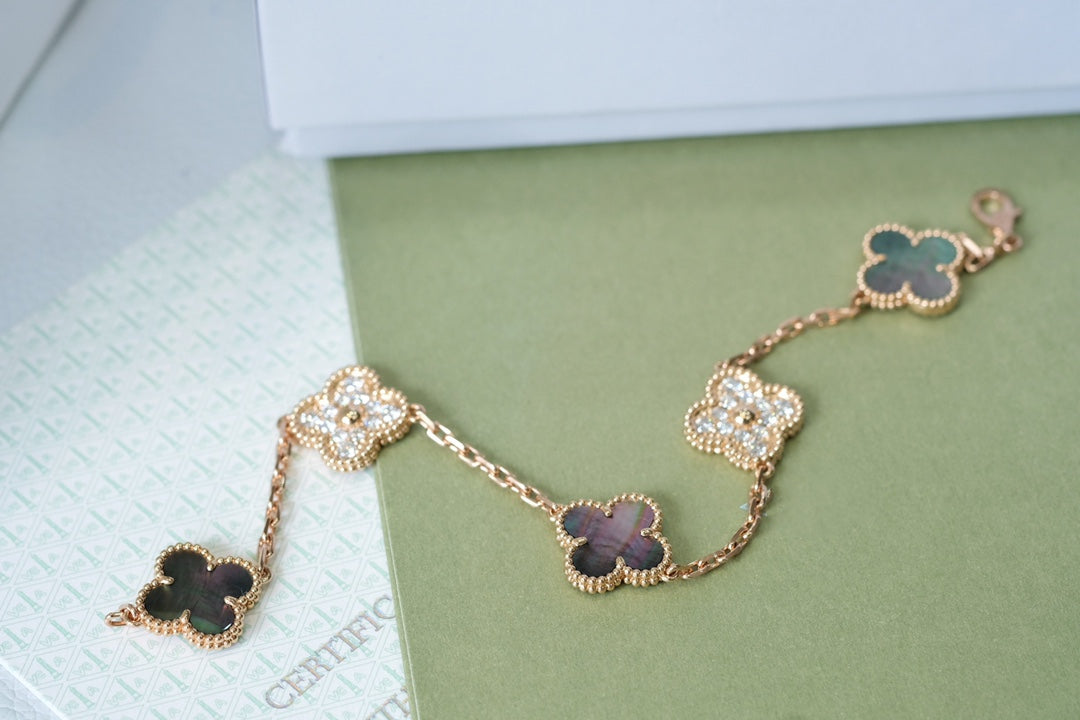 [baslovejewels]CLOVER 5 MOTIFS DARK MOP AND DIAMONDS PINK GOLD BRACELET